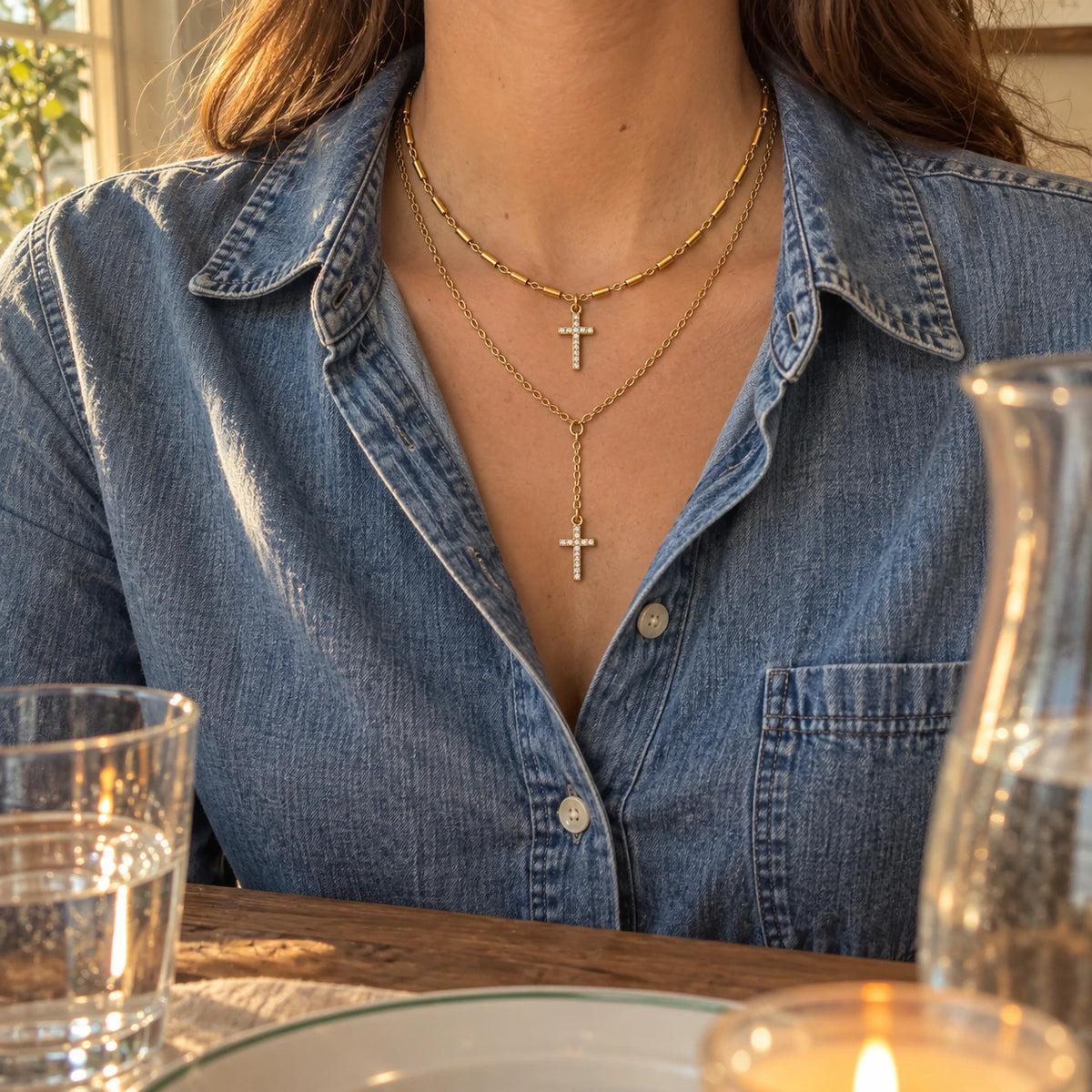 Double Layer Cross Necklace worn, first-person view