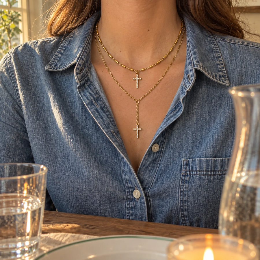 Double Layer Cross Necklace shown for scale