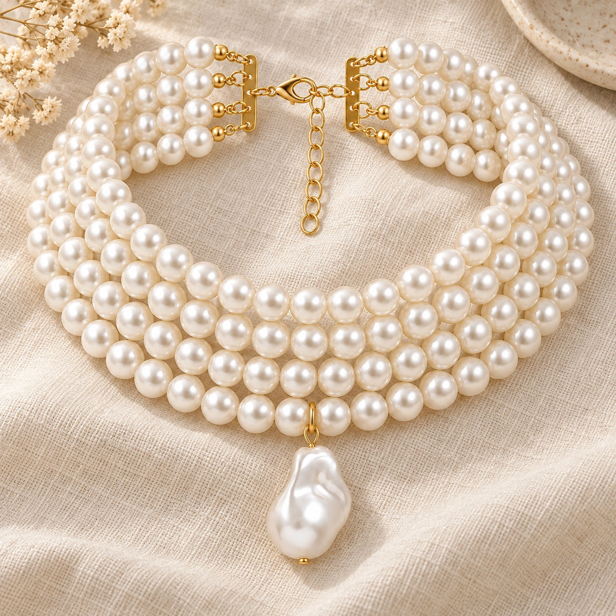 Amada Layered Faux Pearl Choker laid flat on fabric.