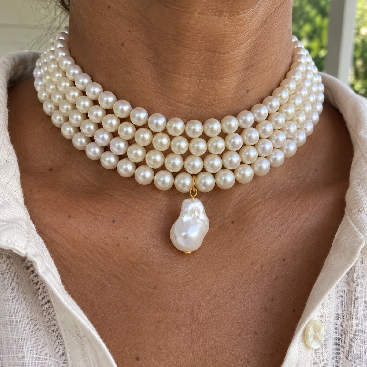 Amada Layered Faux Pearl Choker worn in an everyday setting.
