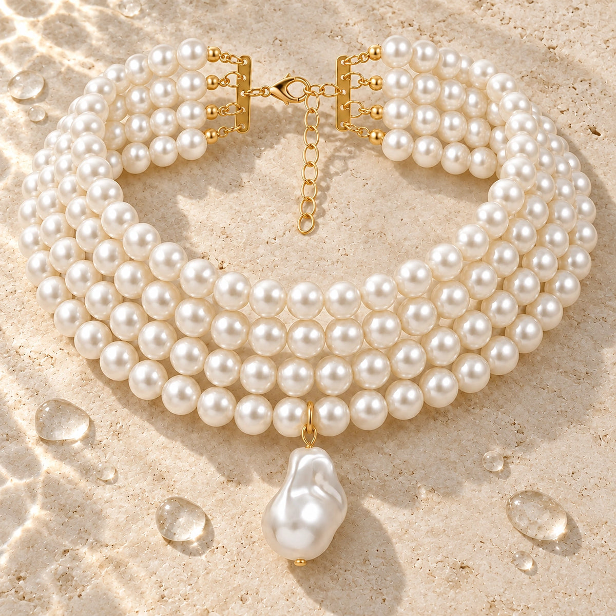 Amada Layered Faux Pearl Choker in a styled still life with water droplets.