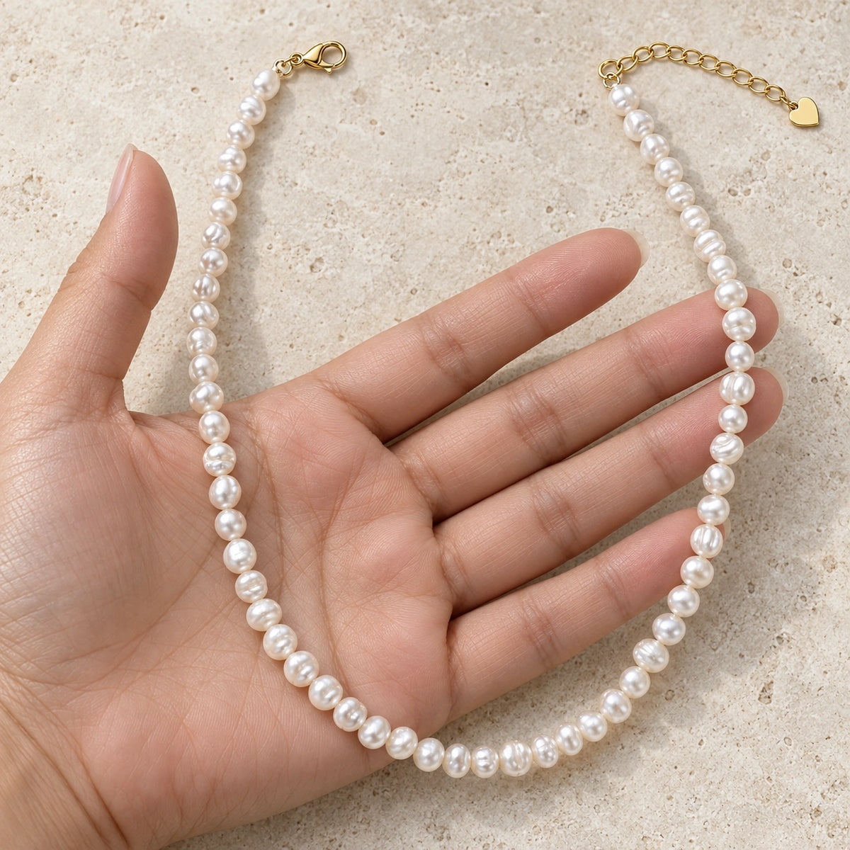 Amada Faux Pearl Strand Necklace shown up close for a sense of its real size.