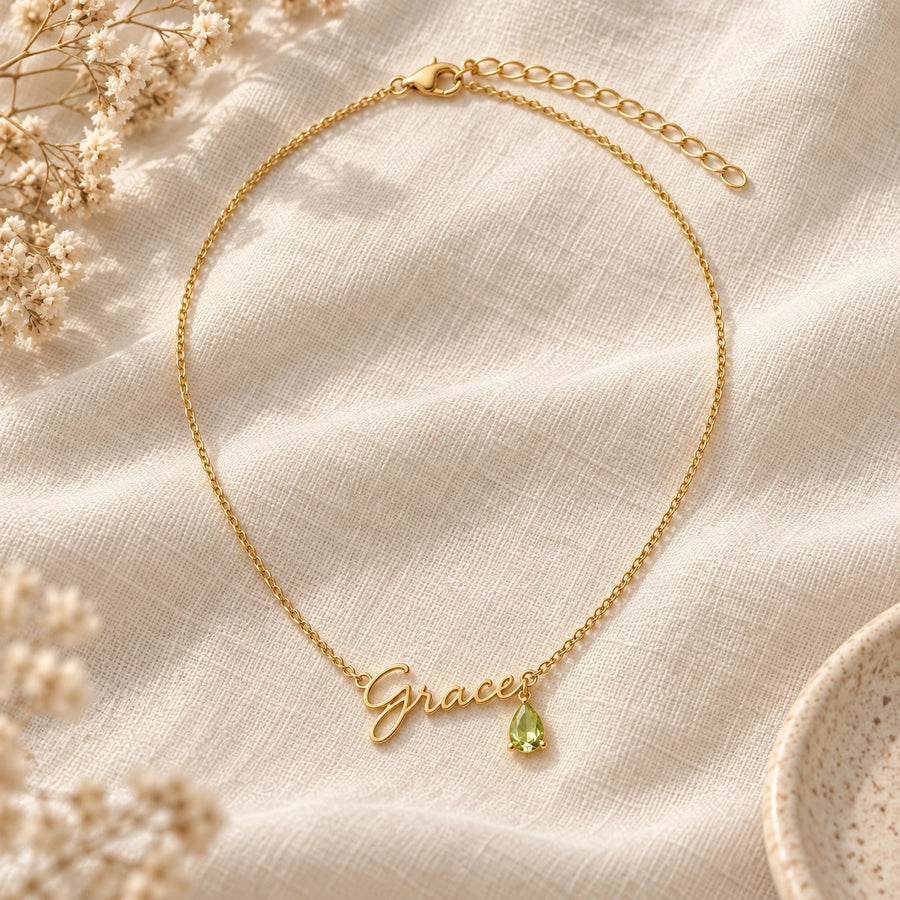 Close detail of Name Necklace with Birth Month Crystal