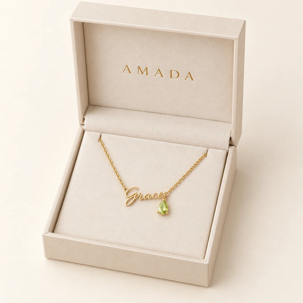 Name Necklace with Birth Month Crystal, worn and styled