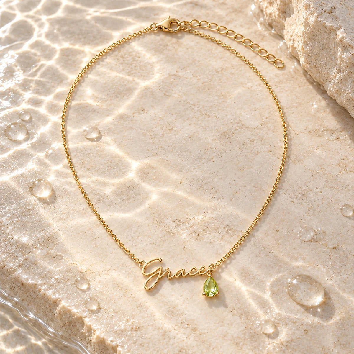 Name Necklace with Birth Month Crystal with water droplets on stone