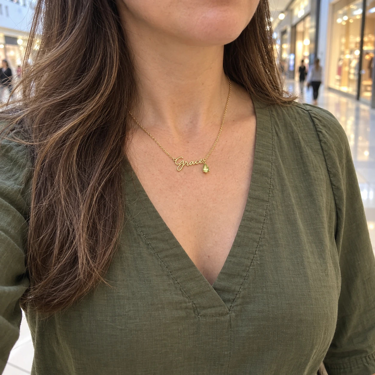 Name Necklace with Birth Month Crystal worn, first-person view