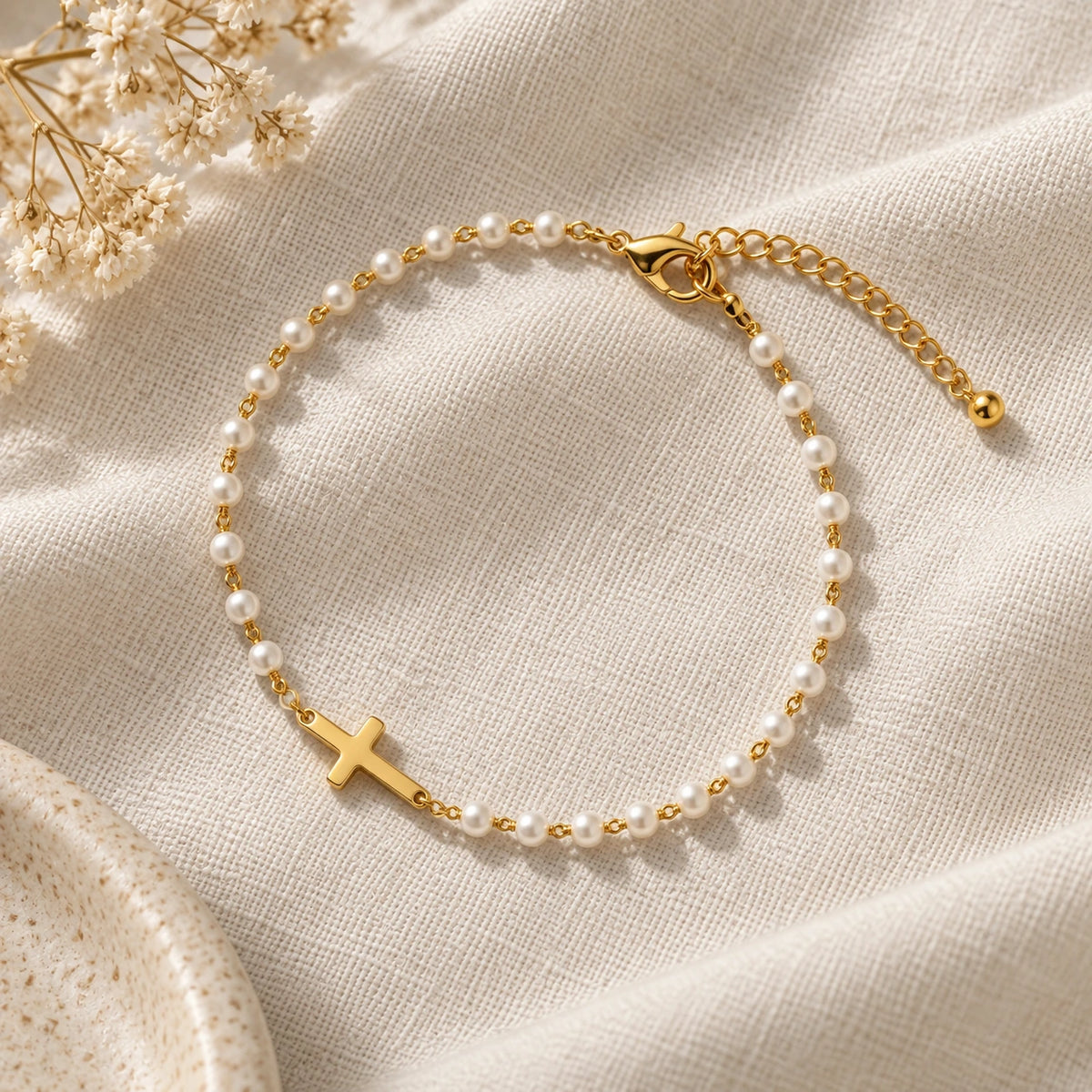 Grace Pearl Bracelet laid flat on linen