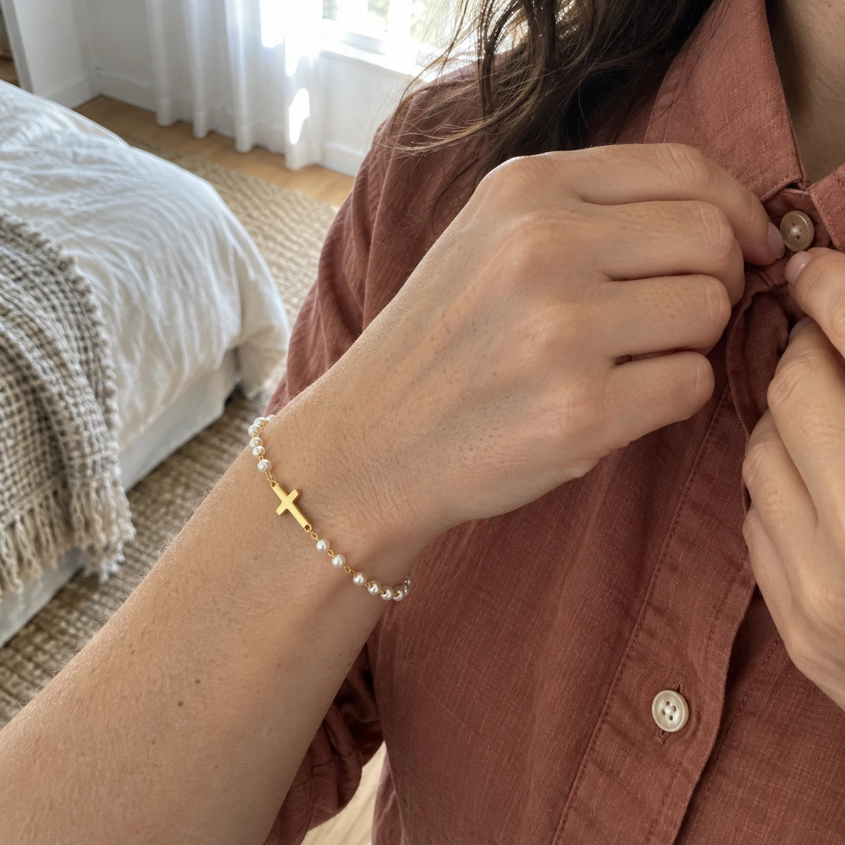 Grace Pearl Bracelet worn, first-person view