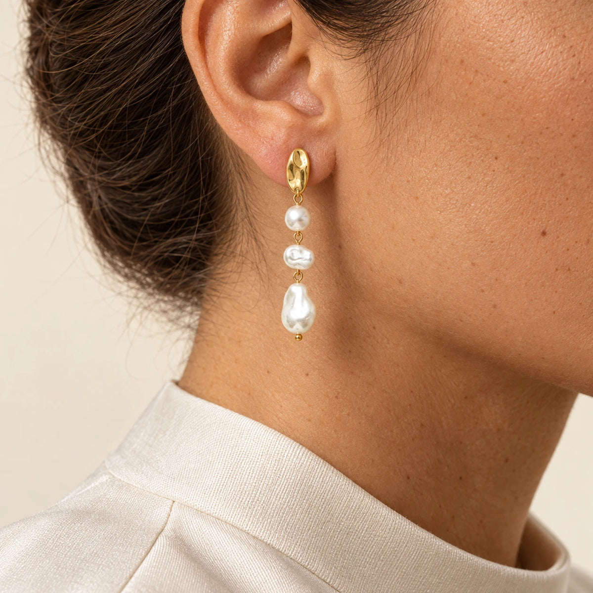Grace Faux Pearl Drop Earrings worn and styled