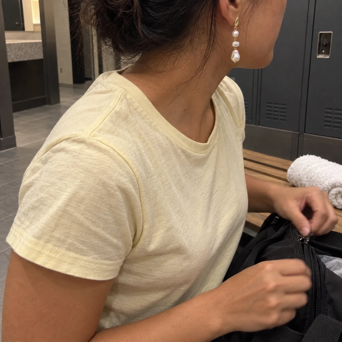 Grace Faux Pearl Drop Earrings worn in everyday life