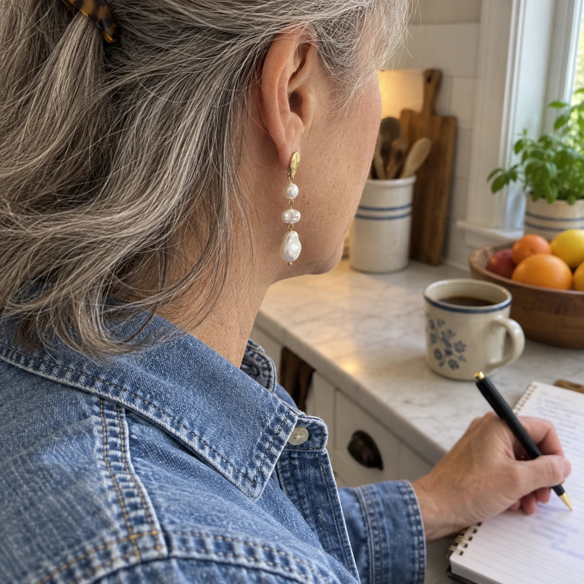 Grace Faux Pearl Drop Earrings worn, first-person view