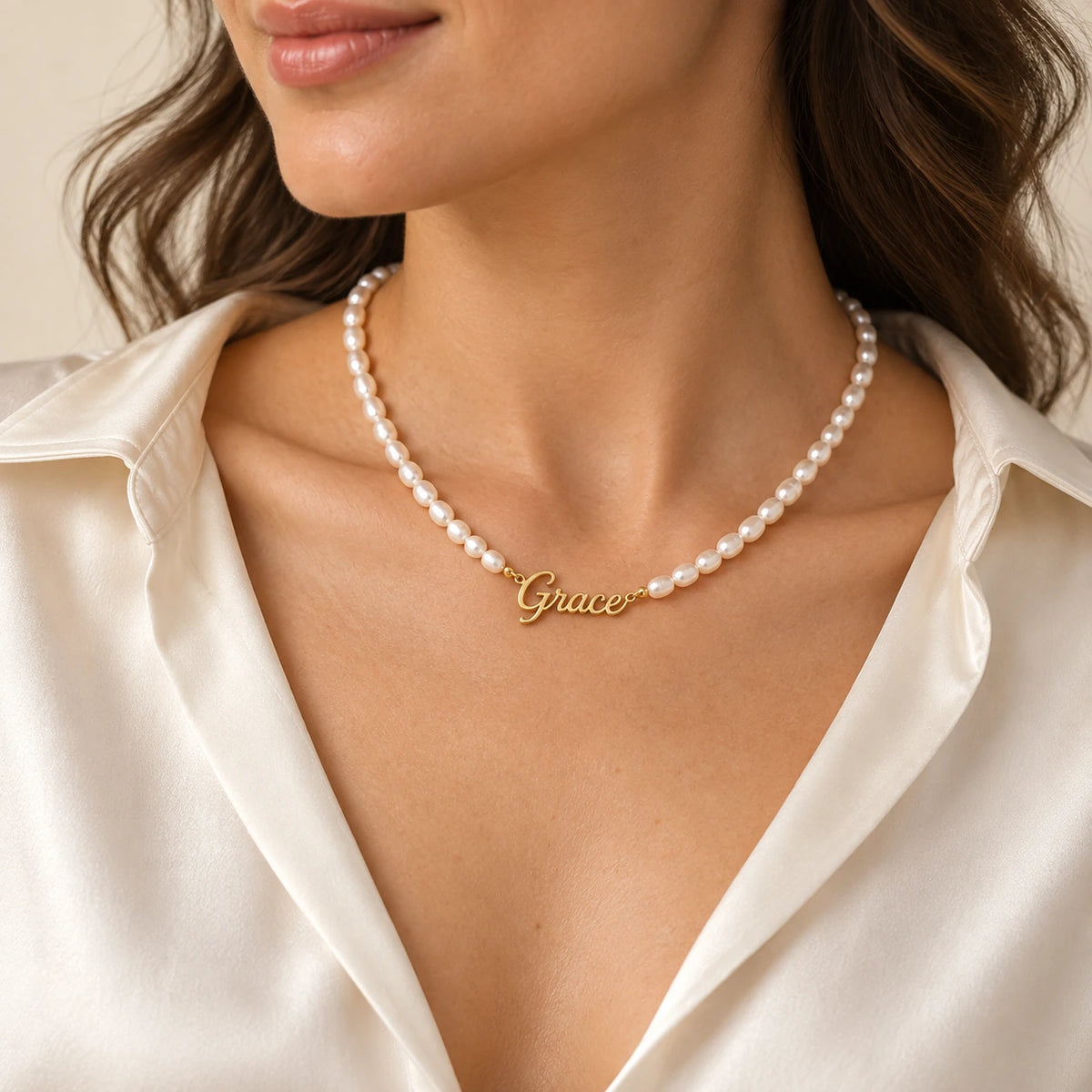 Faux Pearl Name Necklace worn and styled