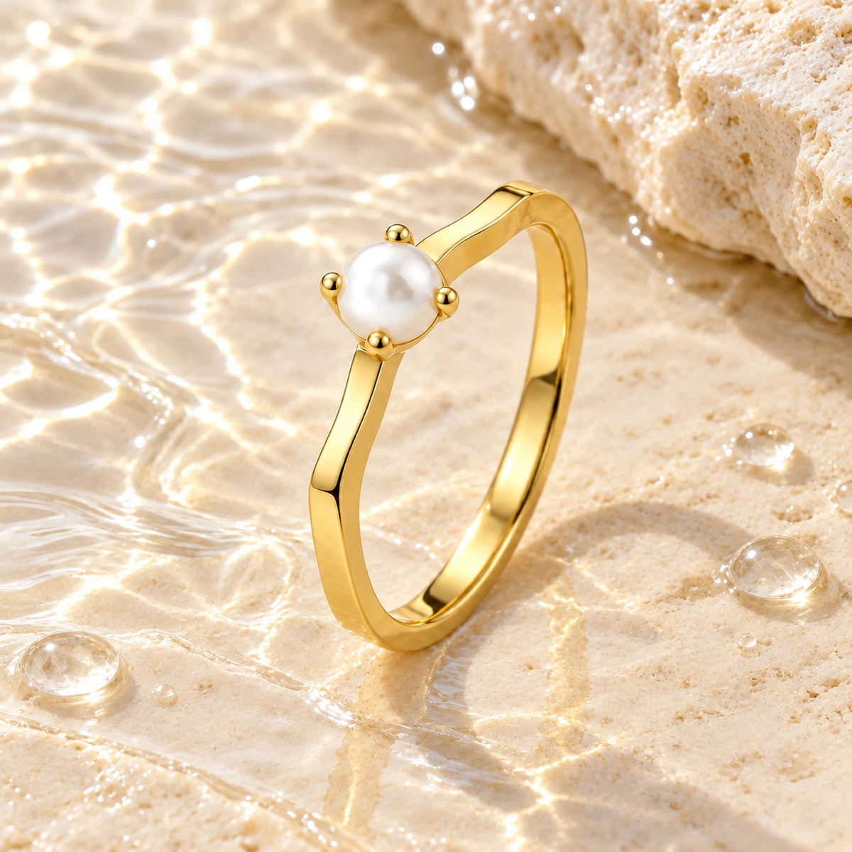 Grace Faux Pearl Ring with water droplets on stone