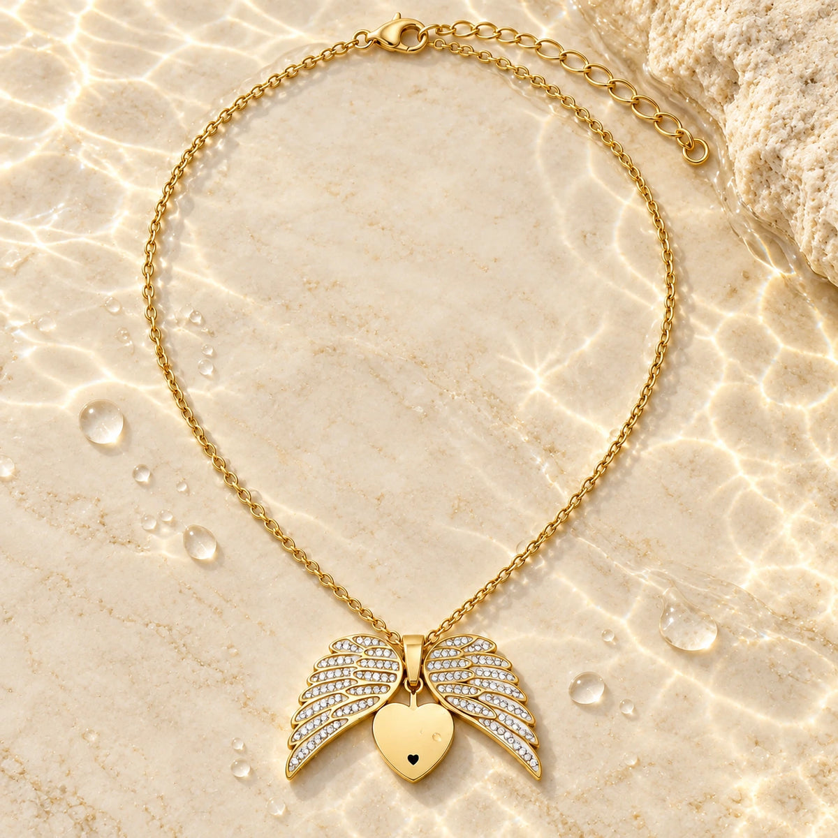 Guardian Angel Necklace with water droplets on stone