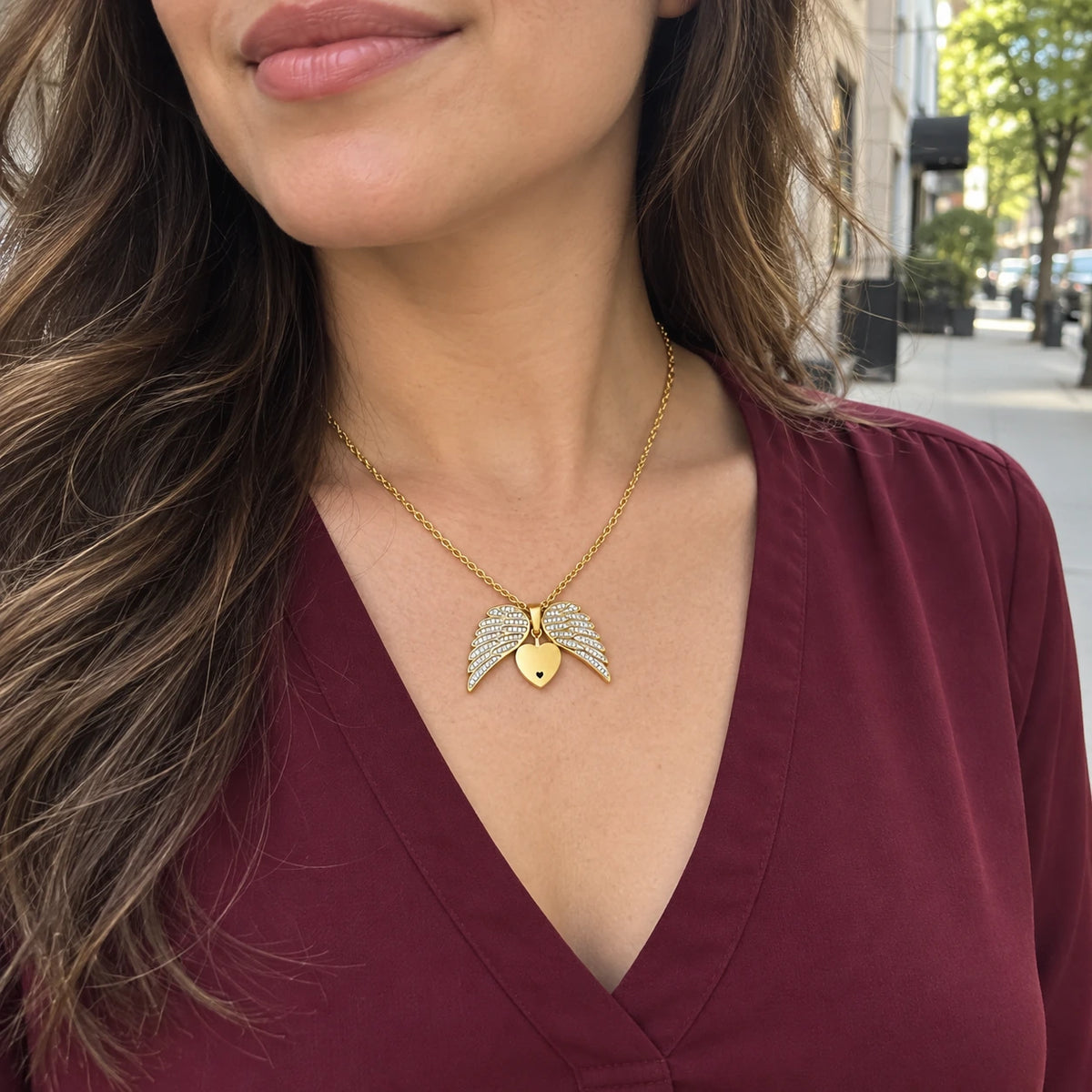 Guardian Angel Necklace worn, first-person view