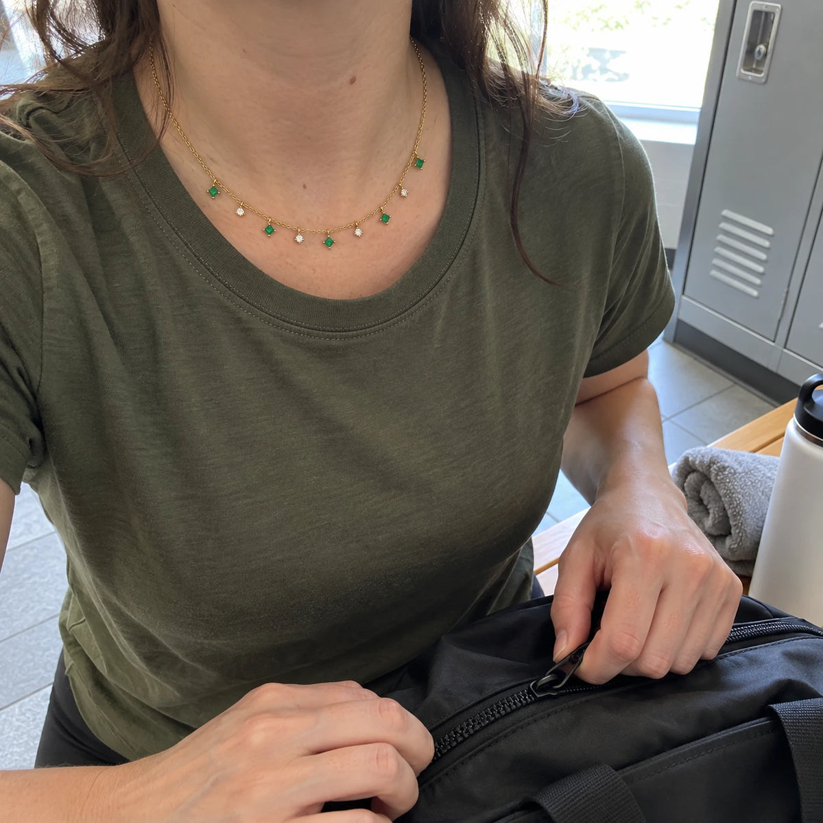Her Family Necklace worn, first-person view