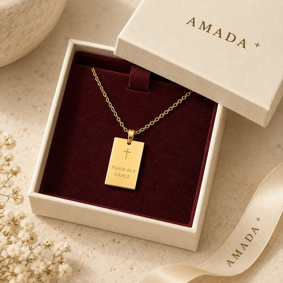 His Promise Necklace displayed in an Amada gift box.
