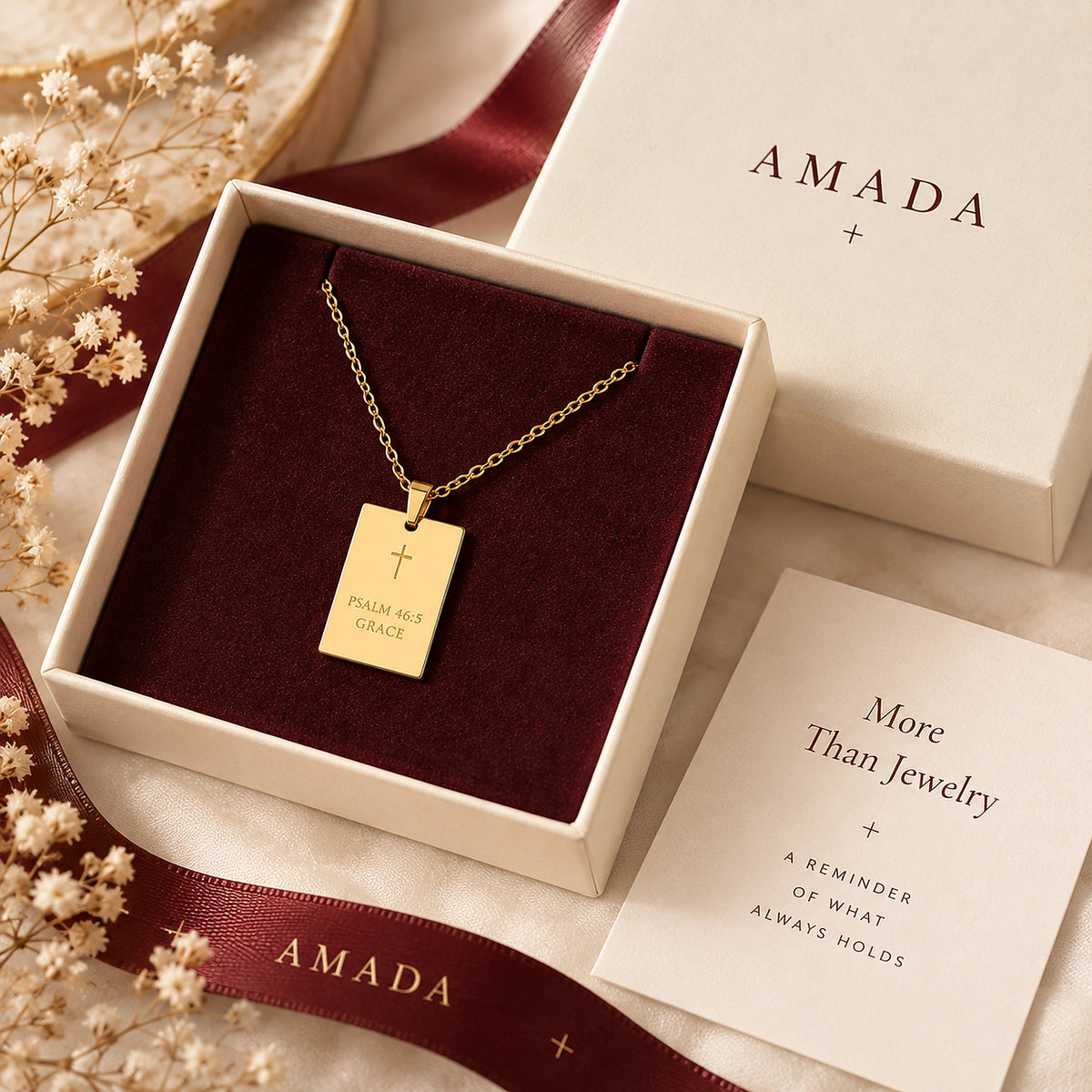 His Promise Necklace with an Amada gift box, card and satin ribbon.