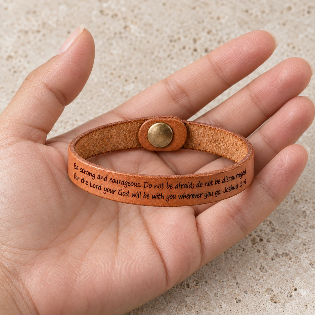 His Word Bracelet held in hand, showing its true scale