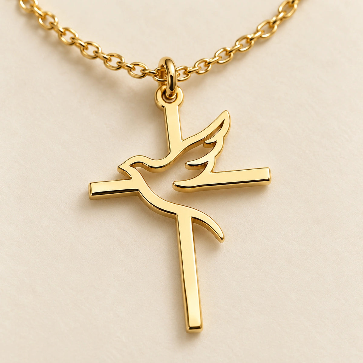 Close-up of the Amada Holy Spirit Dove Necklace showing its detail and finish.