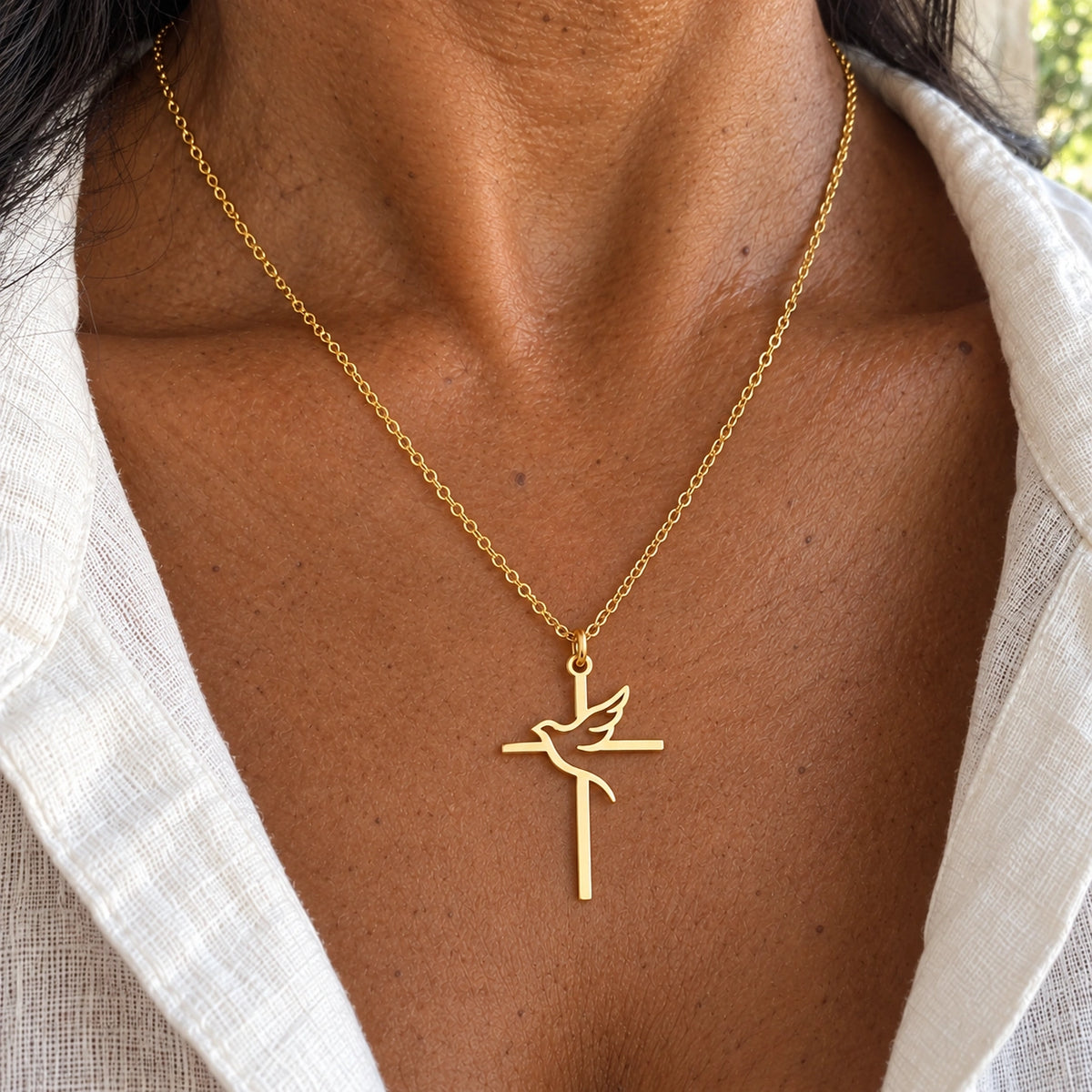 Amada Holy Spirit Dove Necklace worn in an everyday setting.
