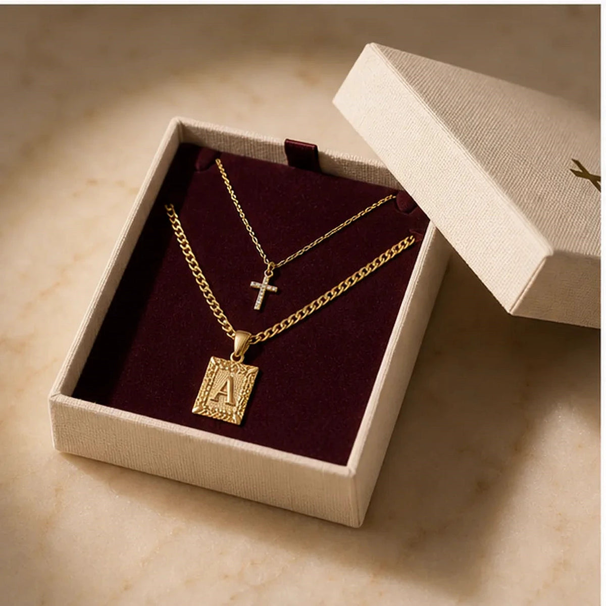 Amada | Initial & Cross Necklace Set | gift box presentation | cycle 3