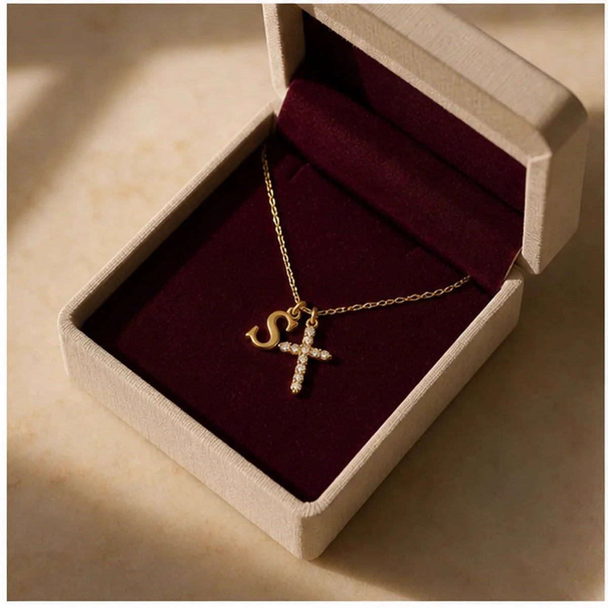 Amada | Initial Crystal Cross Necklace | gift box presentation | cycle 3