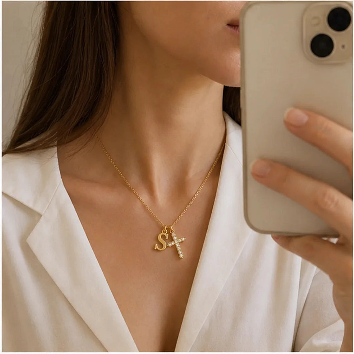 Amada | Initial Crystal Cross Necklace | natural styling view | cycle 3