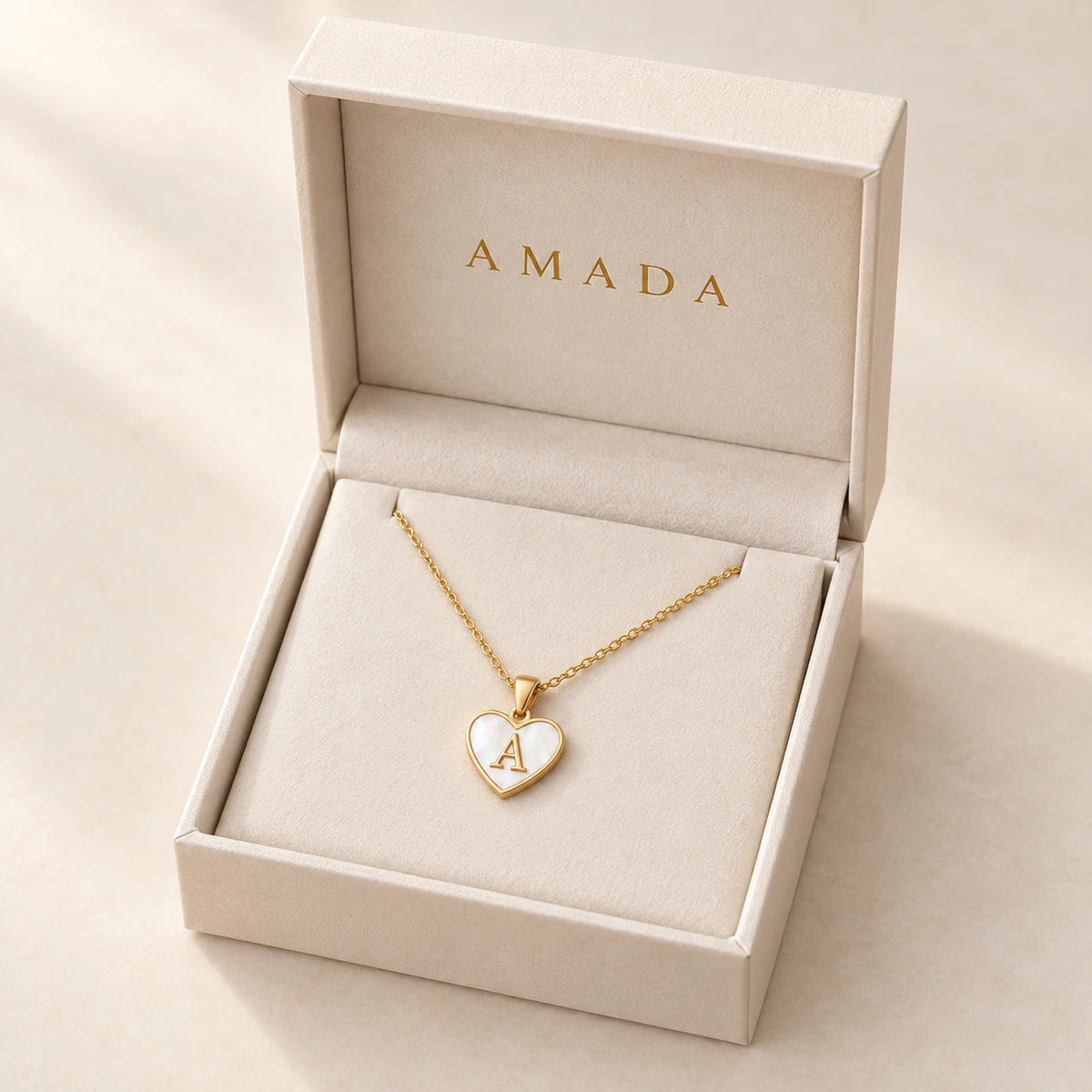 Initial Heart Necklace presented in an Amada box