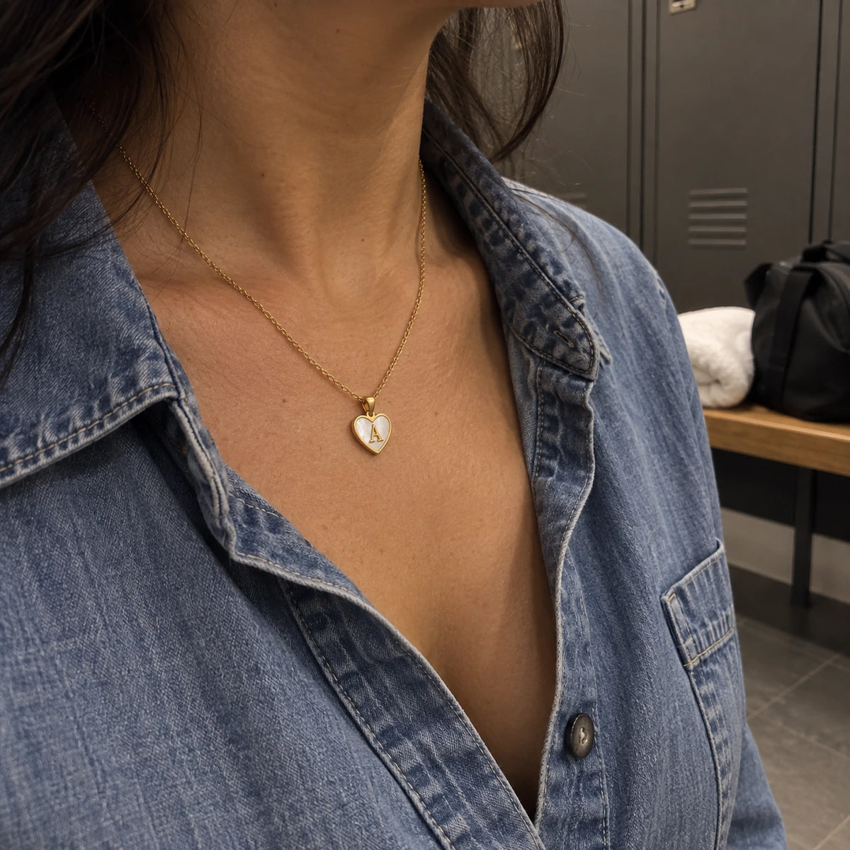 Initial Heart Necklace worn in everyday life