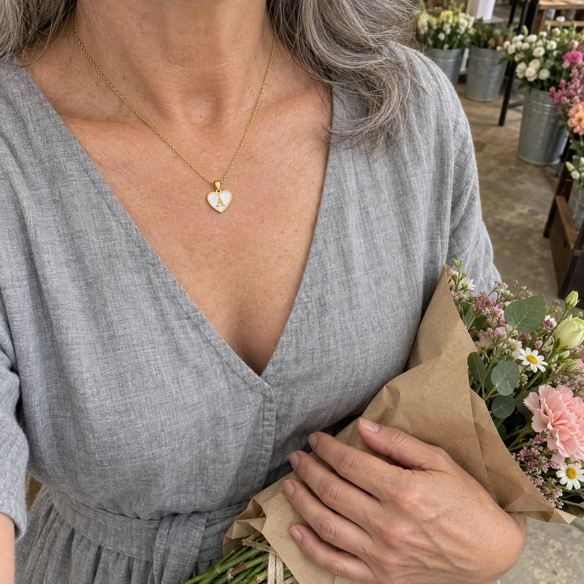 Initial Heart Necklace worn, first-person view