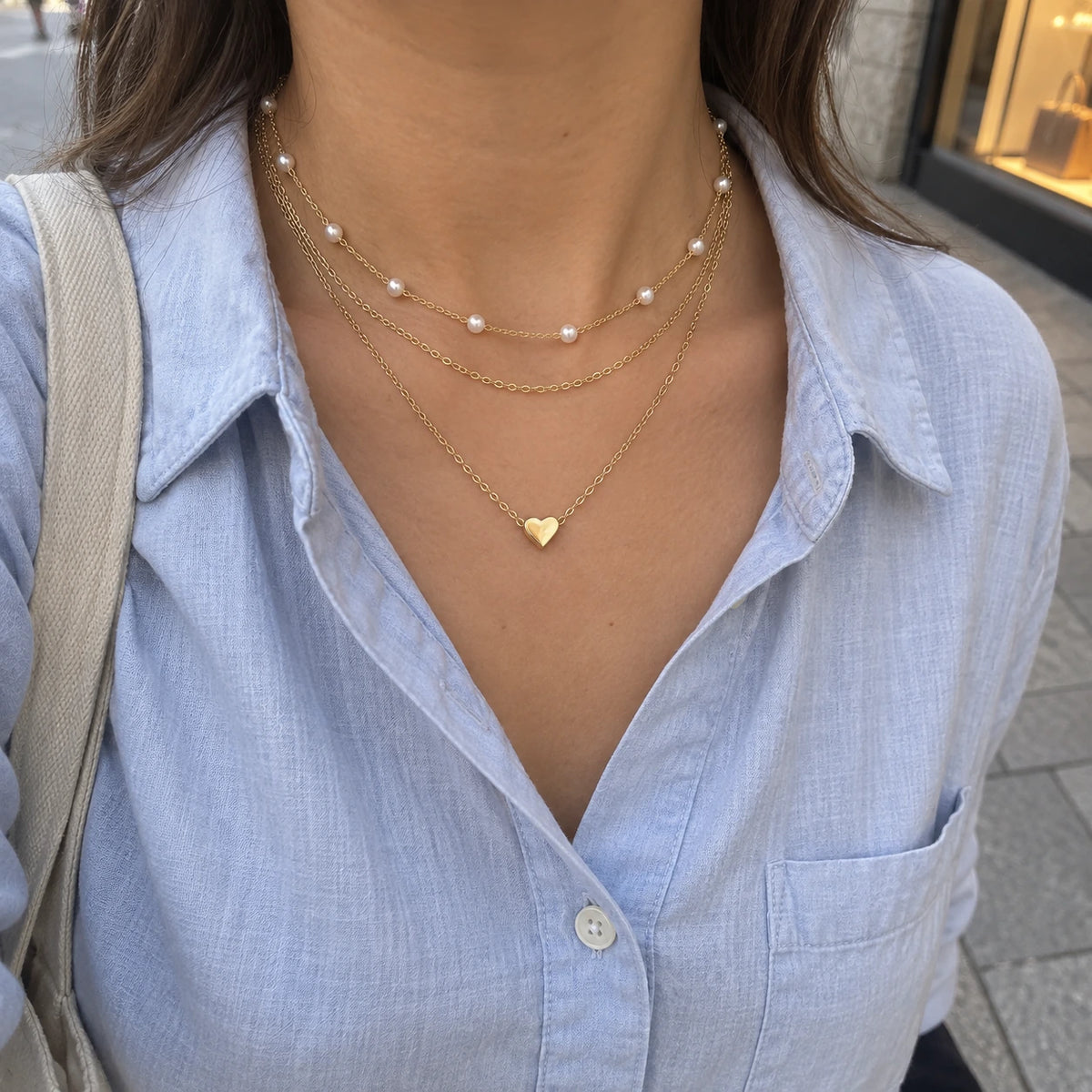 Layered Faux Pearl Necklace Set worn, first-person view