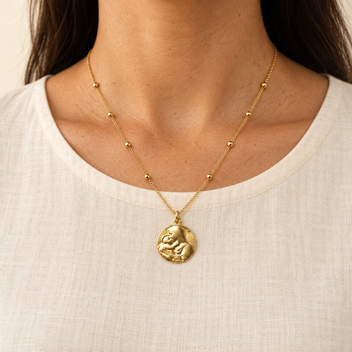 Mother Mary Necklace worn, gold-plated stainless steel
