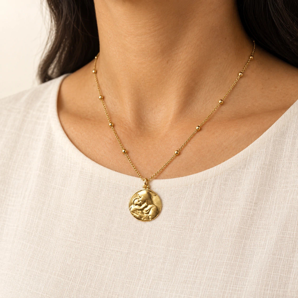 Mother Mary Necklace worn, seen from another angle