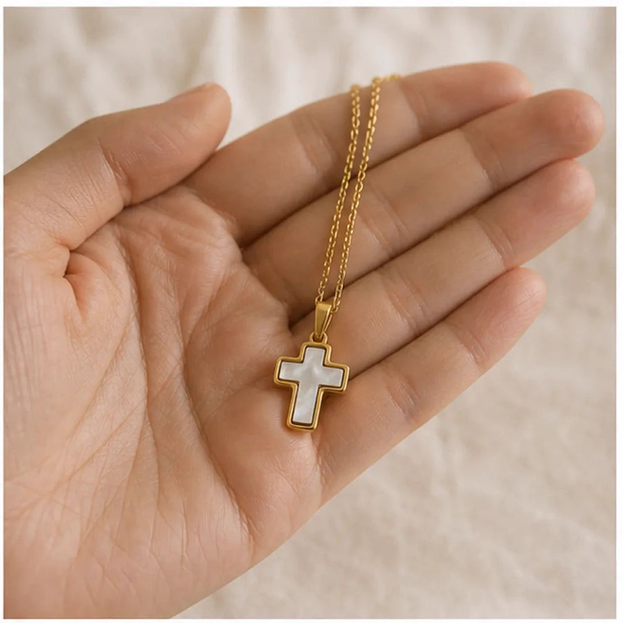 Mother of Pearl Cross Necklace shown for scale