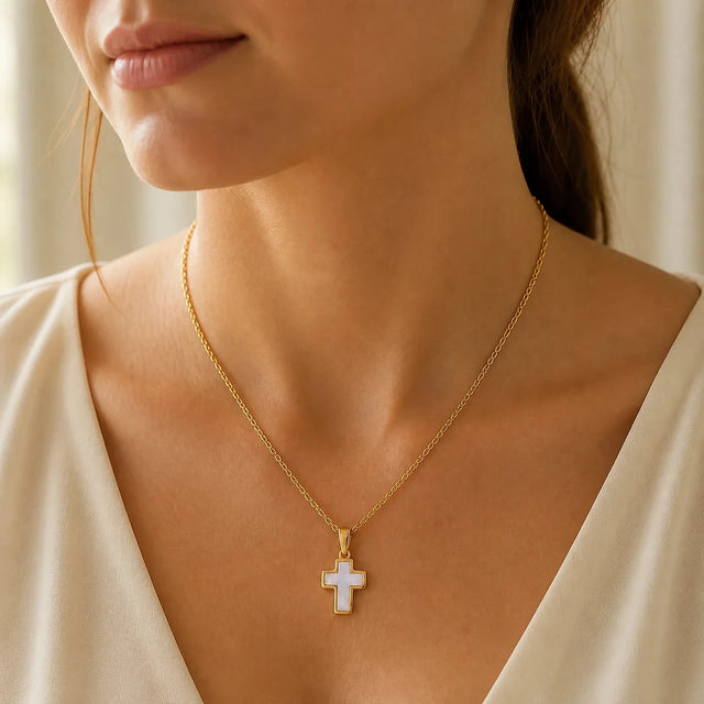Mother of Pearl Cross Necklace worn