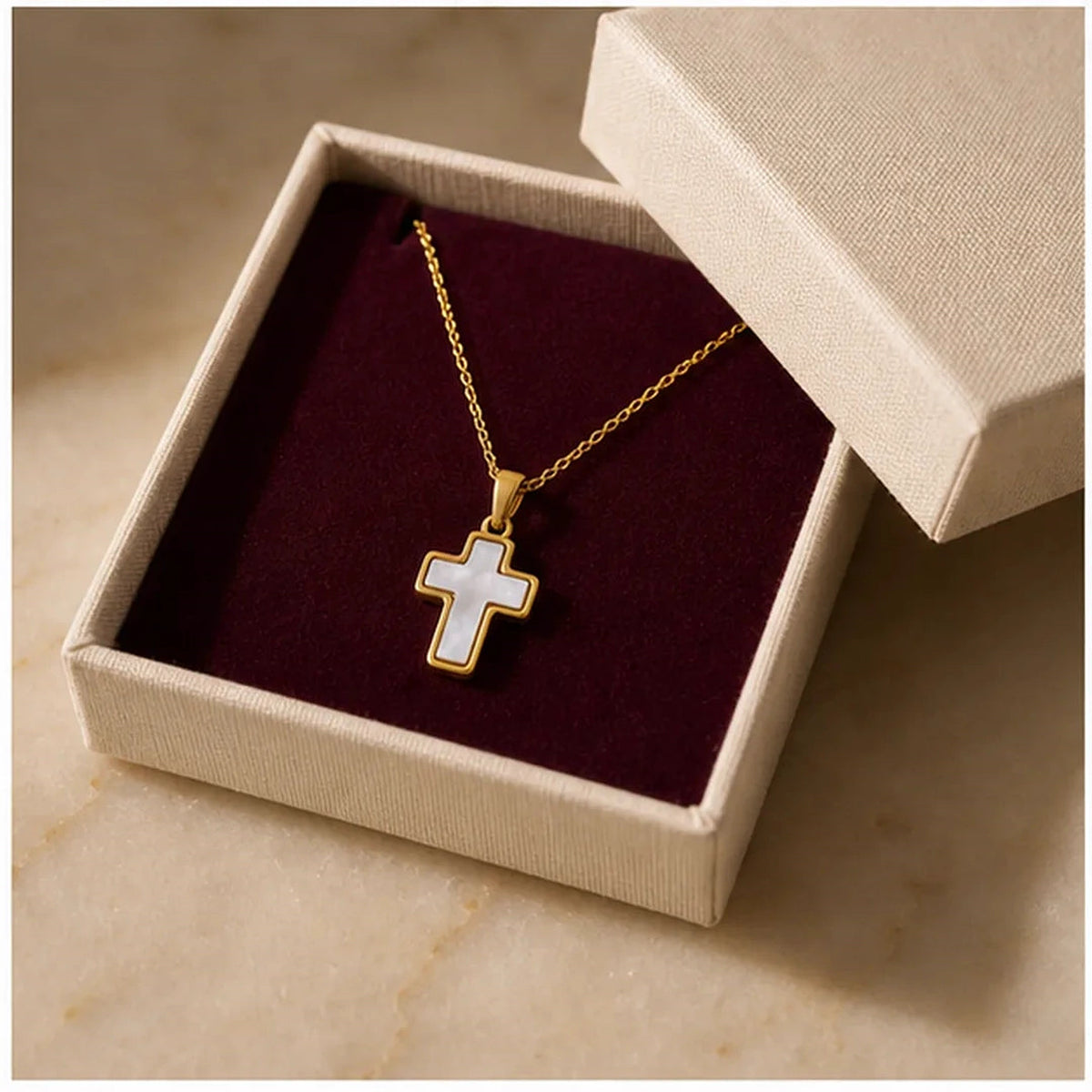 Amada | Mother of Pearl Cross Necklace | gift box presentation | cycle 3