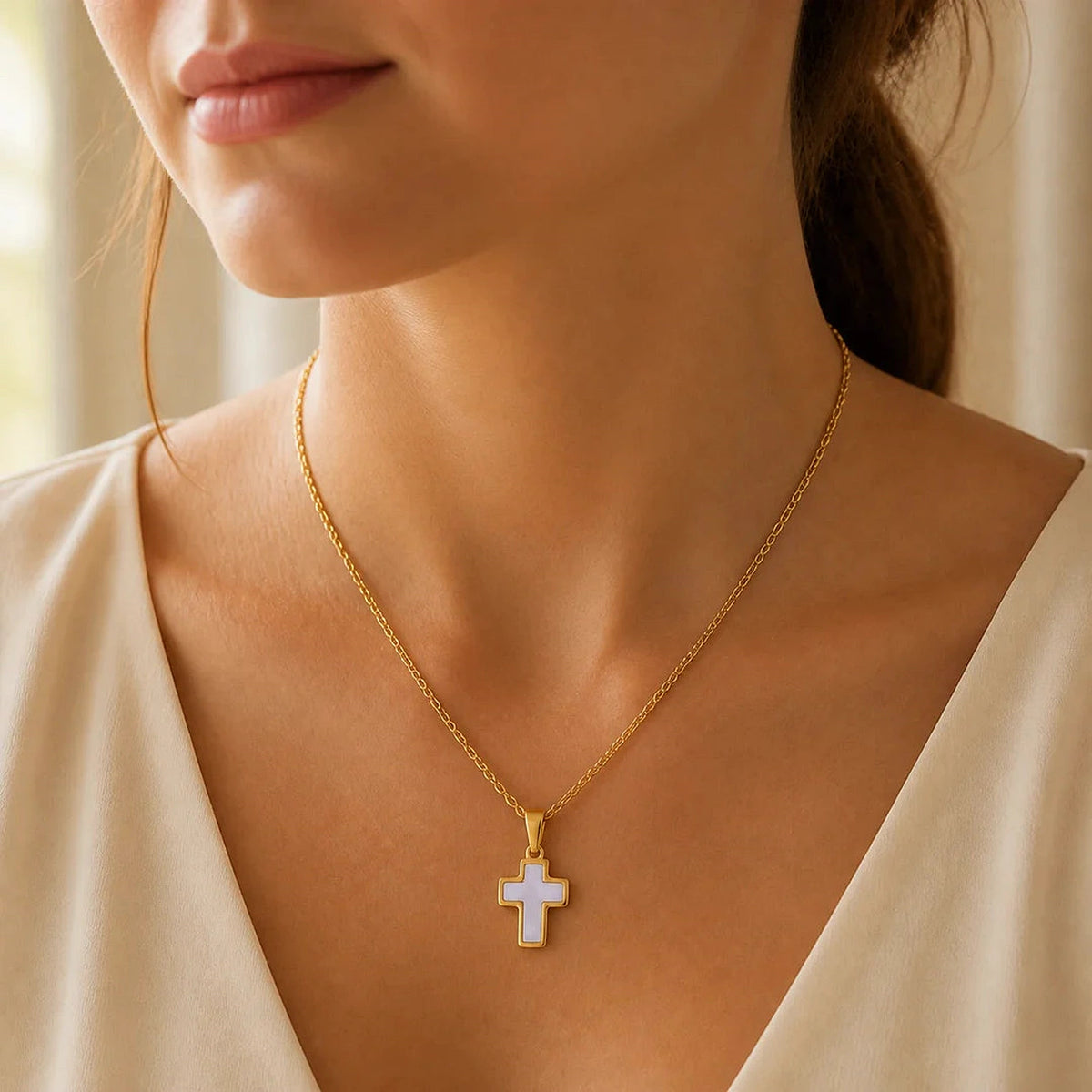 Amada Q4 lifestyle | Mother of Pearl Cross Necklace