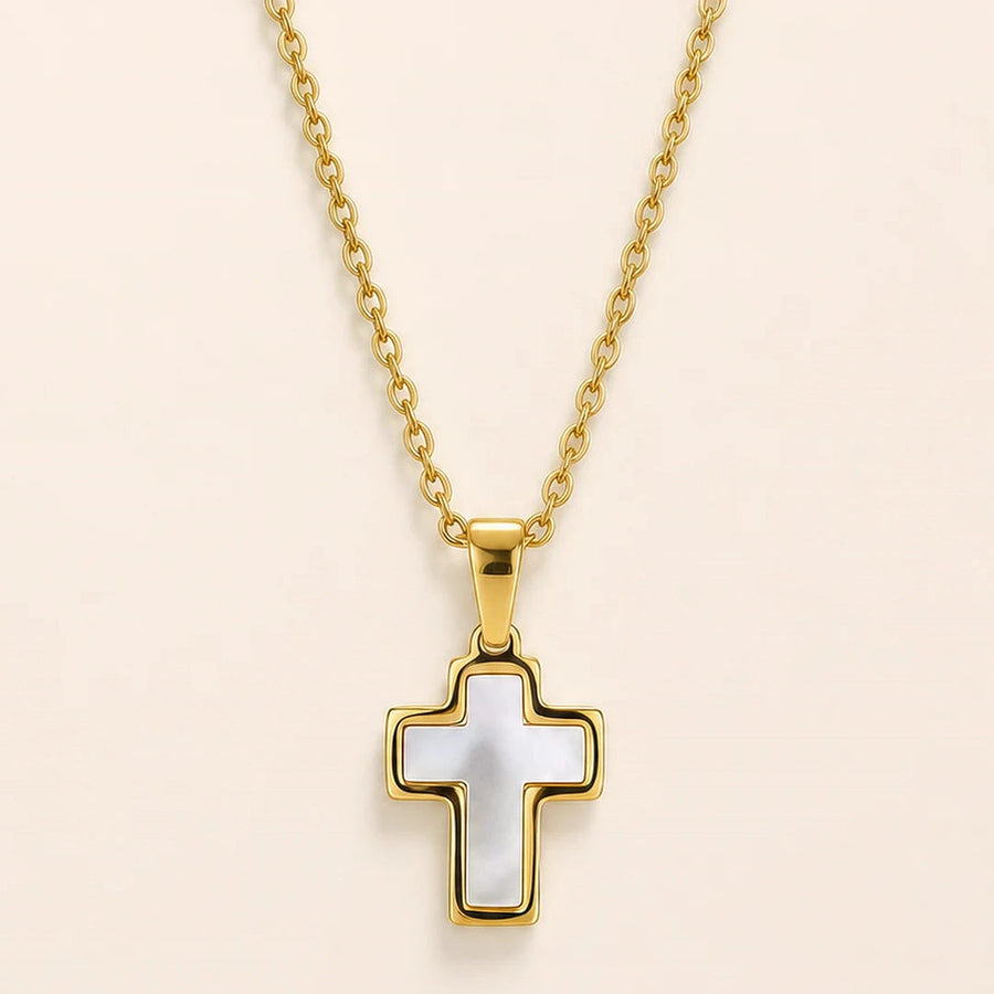 Close detail of Mother of Pearl Cross Necklace