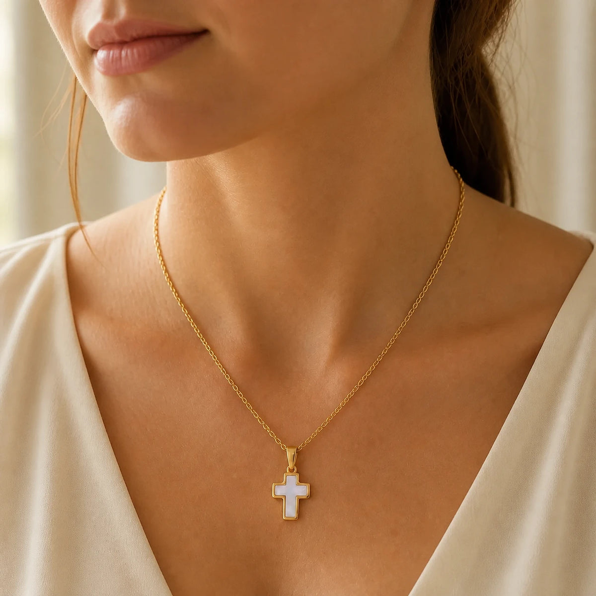 Mother of Pearl Cross Necklace worn and styled