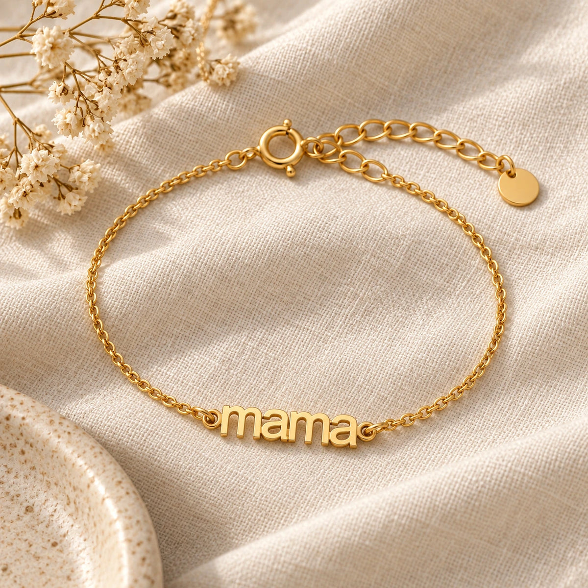 Mother's Bracelet laid flat on linen