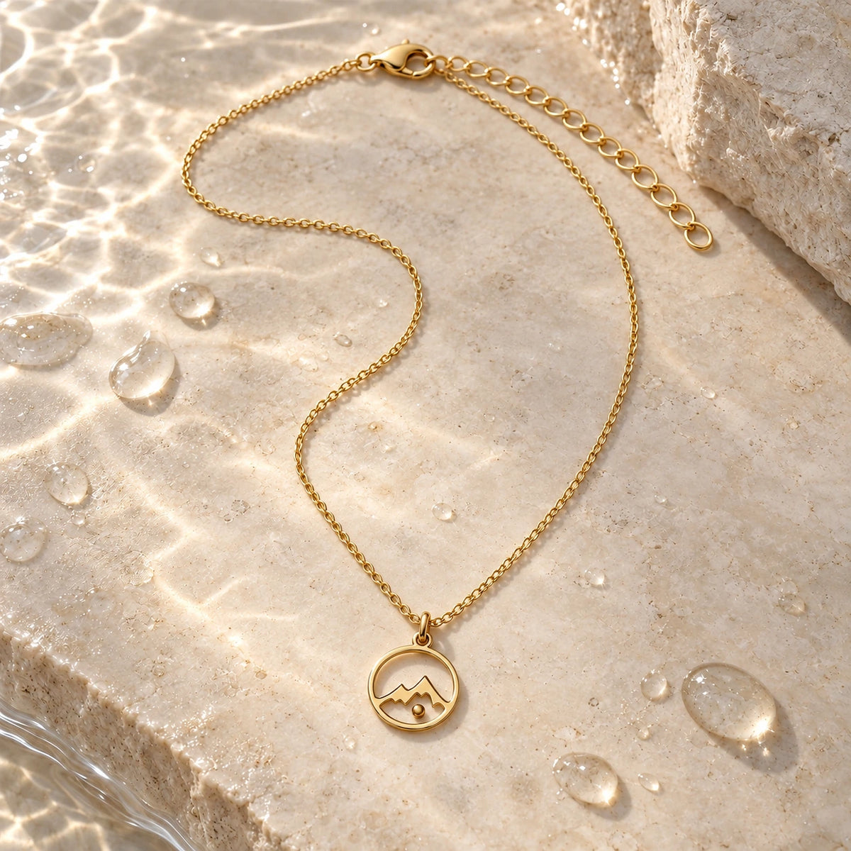 Mustard Seed Necklace with water droplets on stone