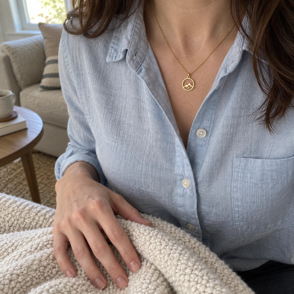 Mustard Seed Necklace worn, first-person view