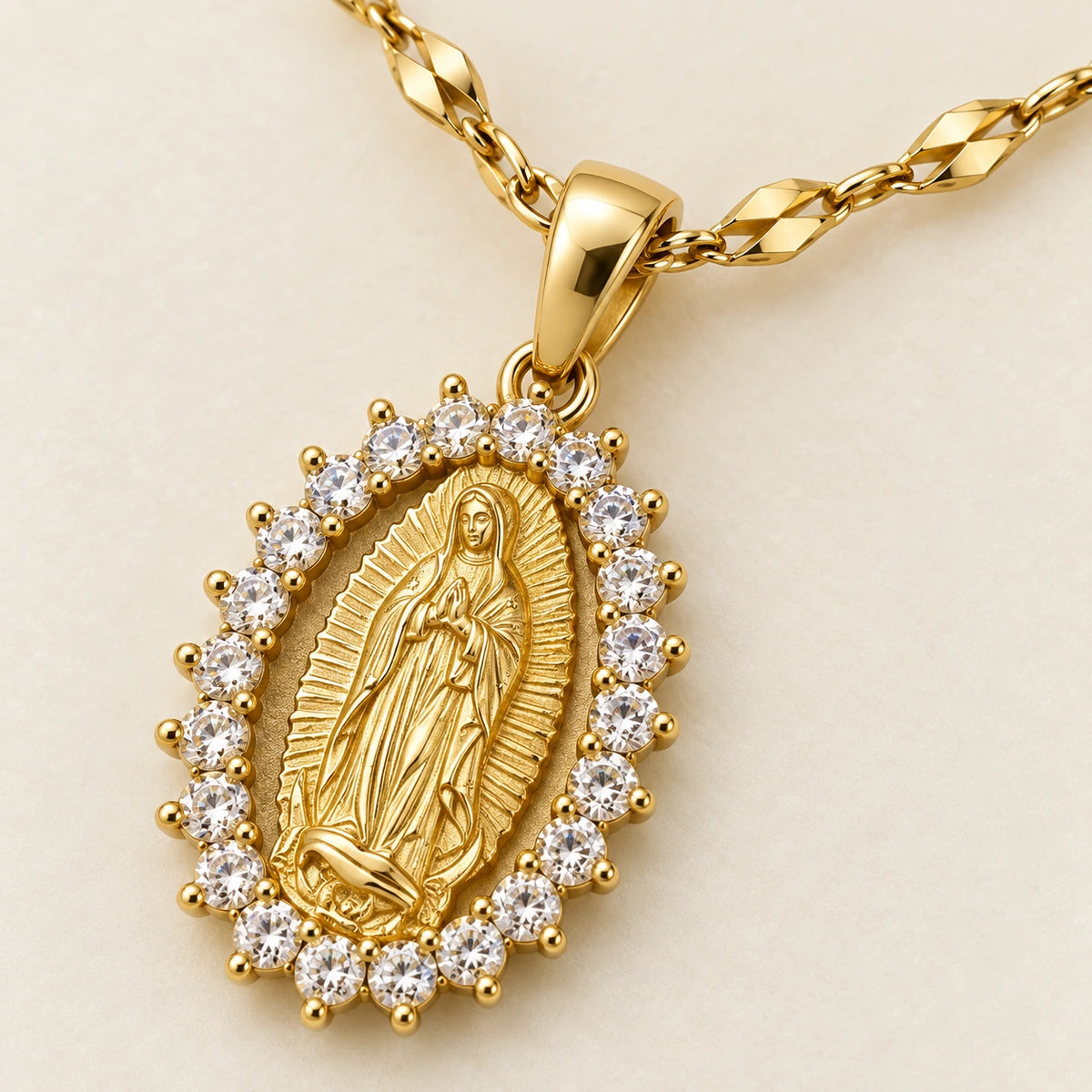 Close detail of Our Lady of Guadalupe Necklace