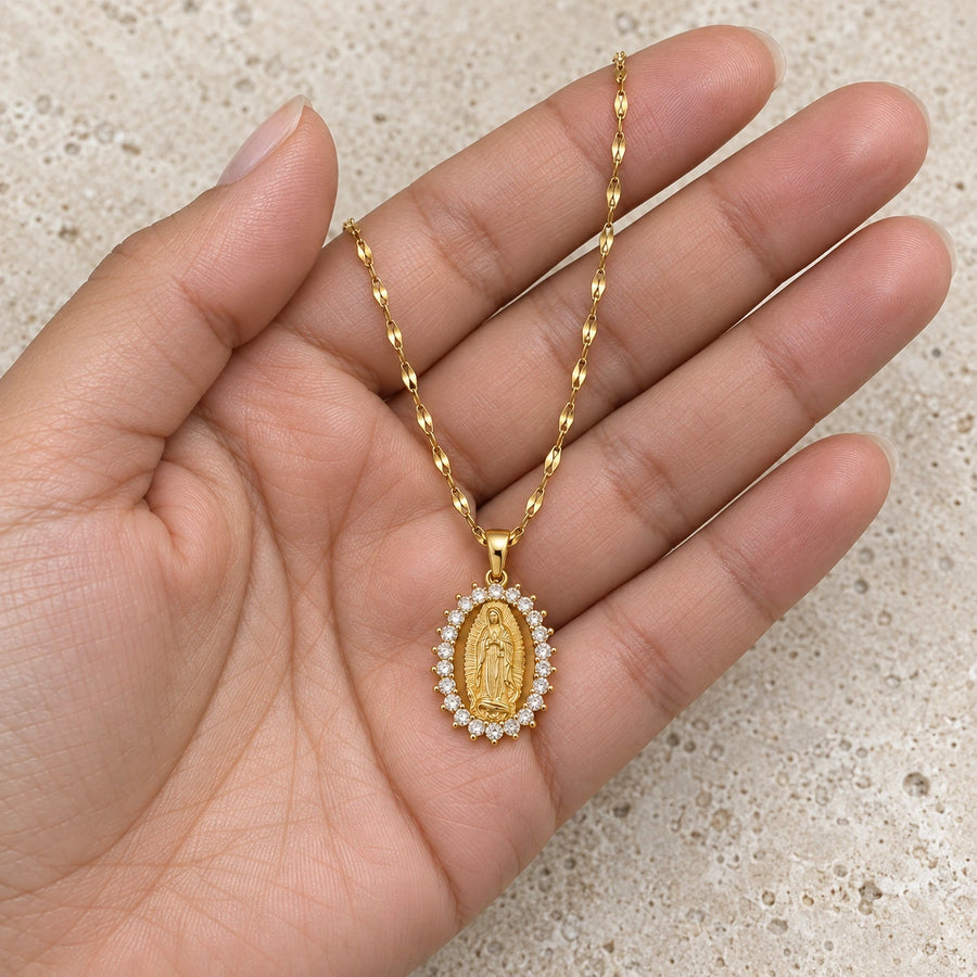 Our Lady of Guadalupe Necklace shown for scale