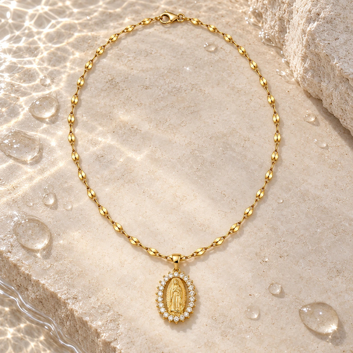 Our Lady of Guadalupe Necklace with water droplets on stone