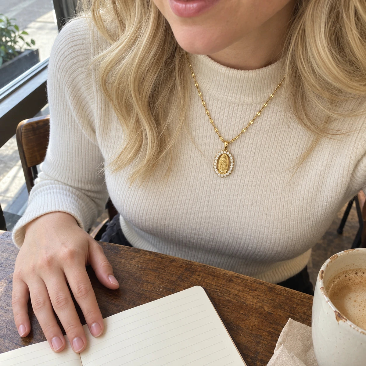 Our Lady of Guadalupe Necklace worn in everyday life