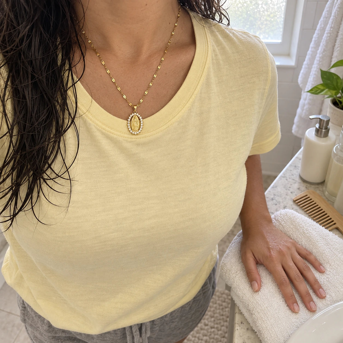 Our Lady of Guadalupe Necklace worn, first-person view