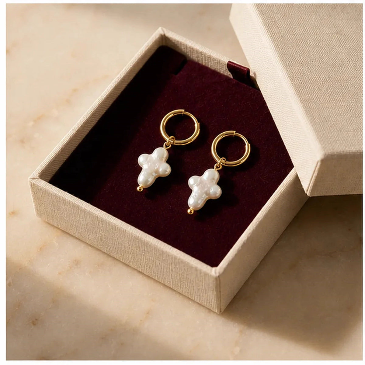 Amada | Pearl Cross Earrings | gift box presentation | cycle 3