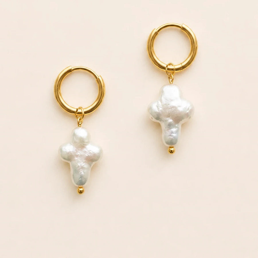Close detail of Pearl Cross Earrings